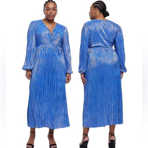 River Island Plus Blue Silver Plisse Metallic Swing Midi Party Dress Size 26